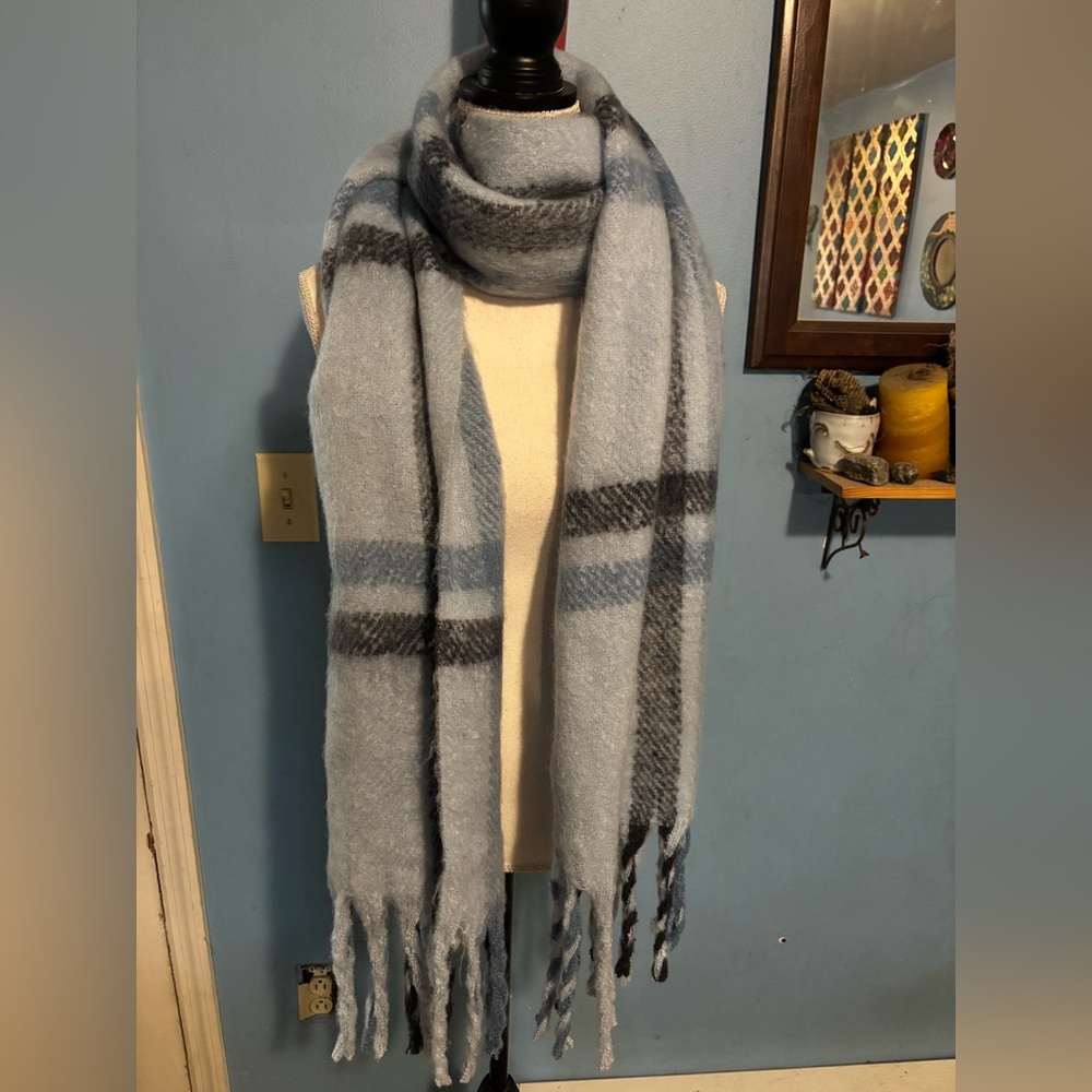 Steve Madden, Cozy, Oversized, Blue Plaid, Winter Scarf